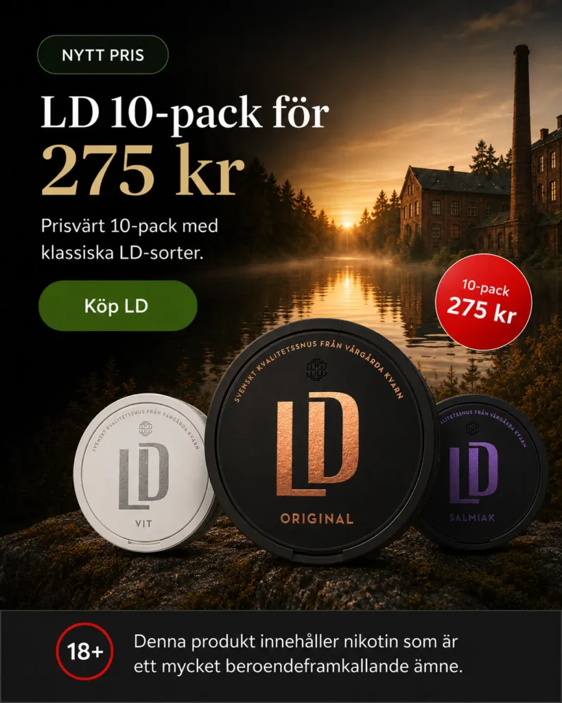 LD snus 10-pack för 275 kr på mobilbanner med LD Original, LD Vit och LD Salmiak