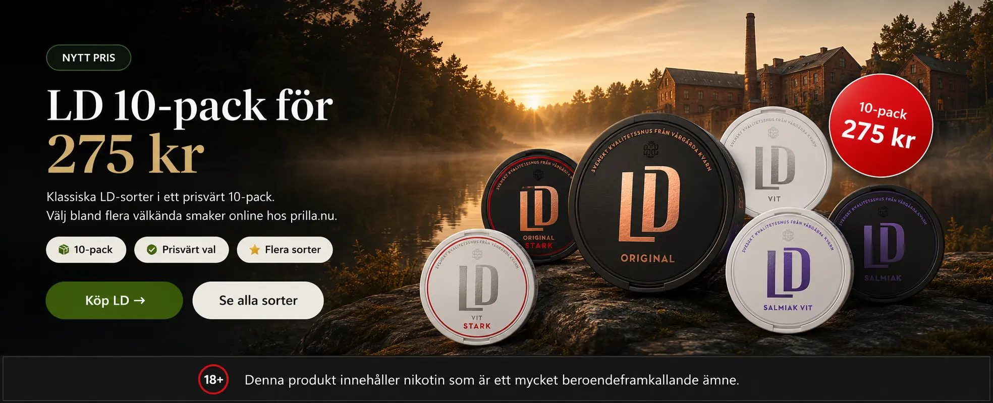 LD snus 10-pack för 275 kr med LD Original, Vit, Salmiak och starka sorter
