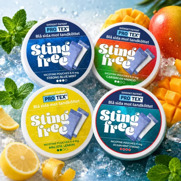 Stingfree Mix-pack 1 med Strong Blue Mint, Caribbean Mango, Maltese Lemon och Ocean Mint Strong