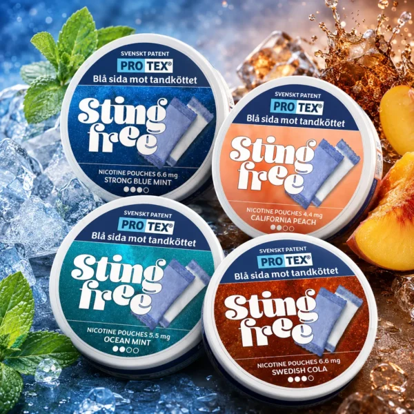 Stingfree Mix-pack 2 med Strong Blue Mint, California Peach, Ocean Mint och Swedish Cola
