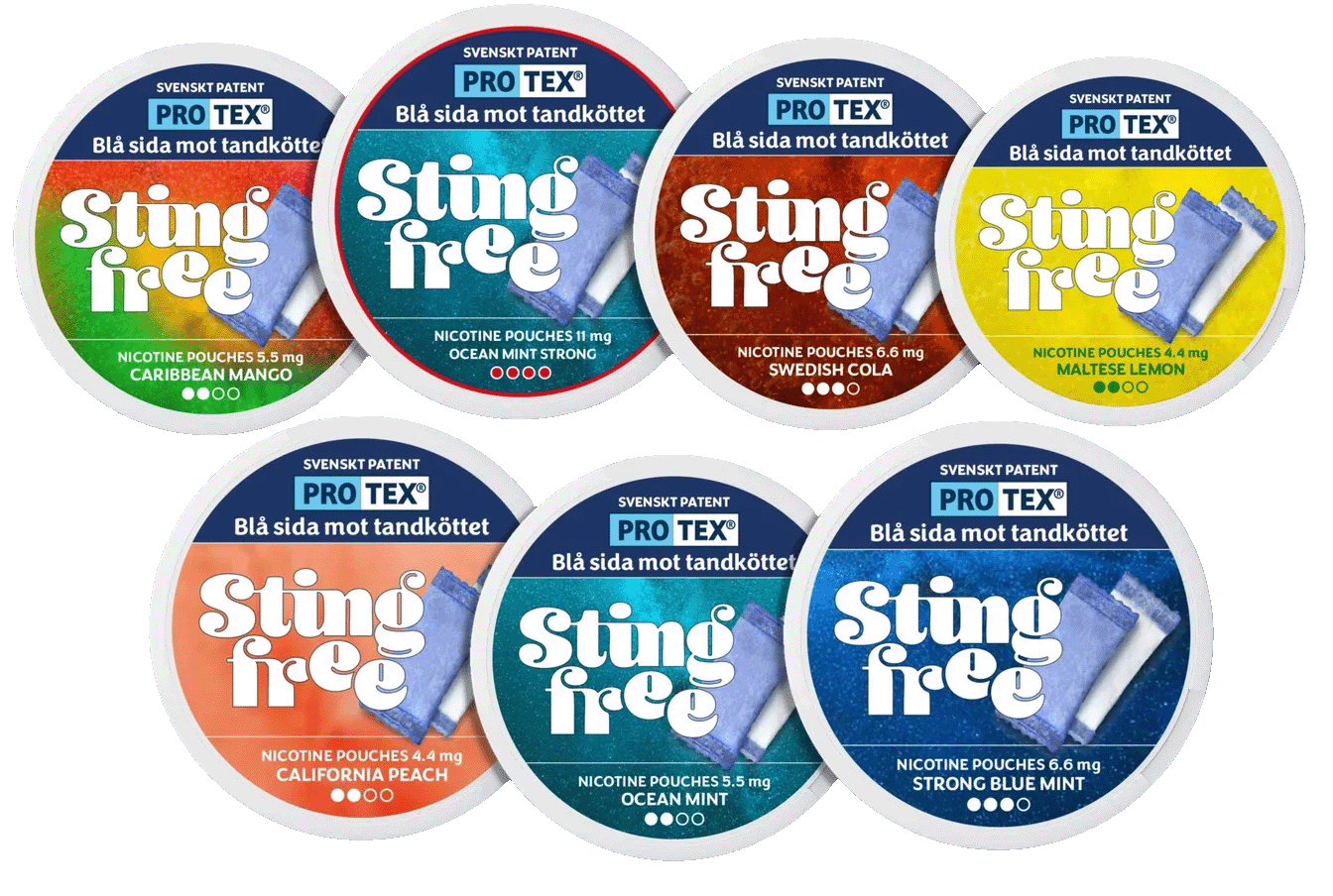 Stingfree nikotinpåsar i sju olika smaker